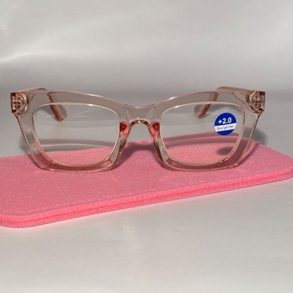 1103 Gretchen Reading Glasses 2.0 Square Clear Pink Oversize Frames NWT - Picture 2 of 9